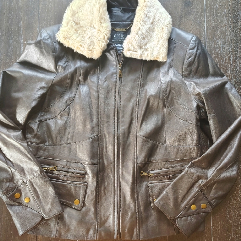 a.n.a. Lambskin Leather Bomber Jacket Dark Brown with removable faux fur collar